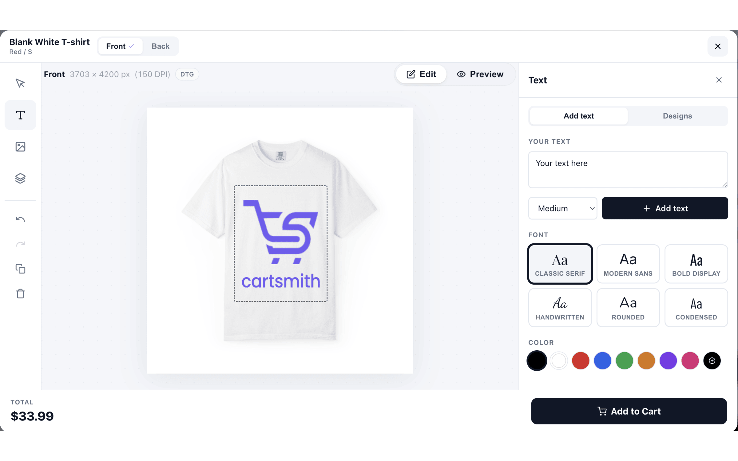 The Printscape designer open on a Shopify product page, with a t-shirt mockup and the text, font, and color controls